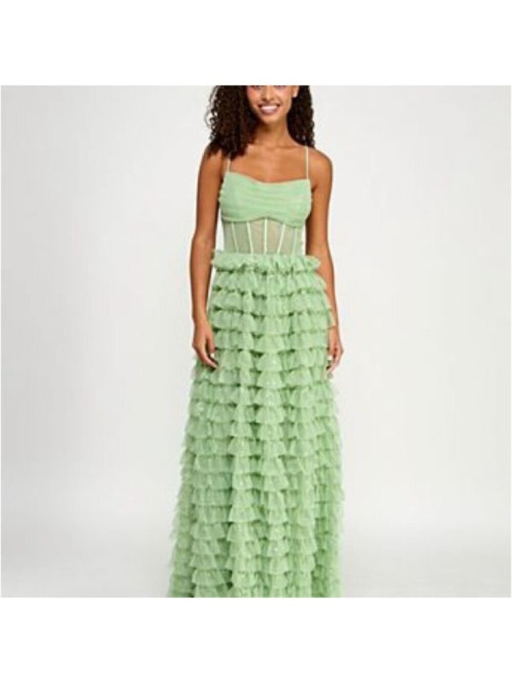 Stacees light green tiered ruffle prom dress with corset and faux boning sz 4